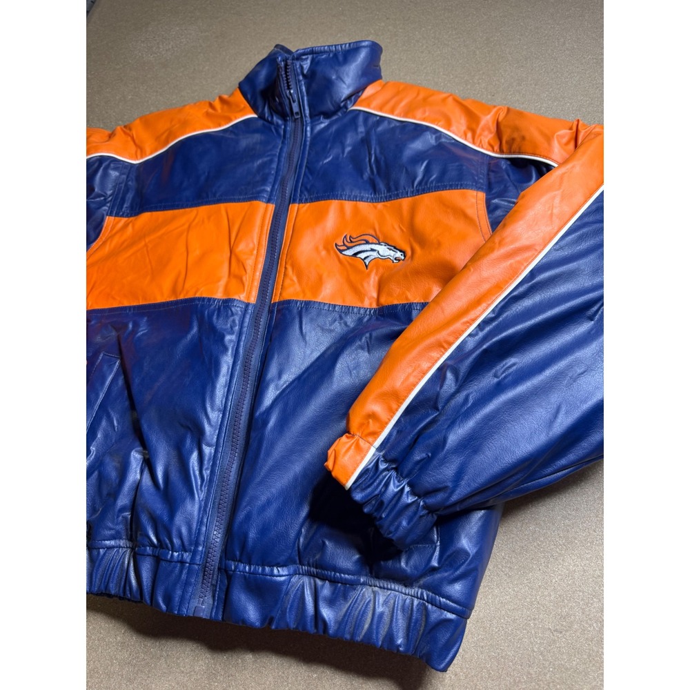 Denver Broncos NFL Kids Faux Leather Puffer Jacket Blue Orange Size M 10/12